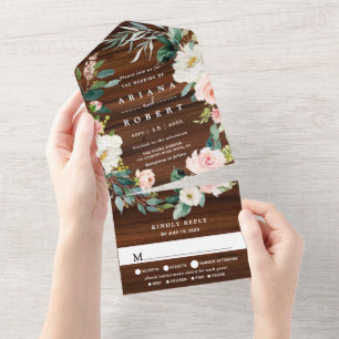Rustic Wood Floral Wreath Wedding All In One Invitation