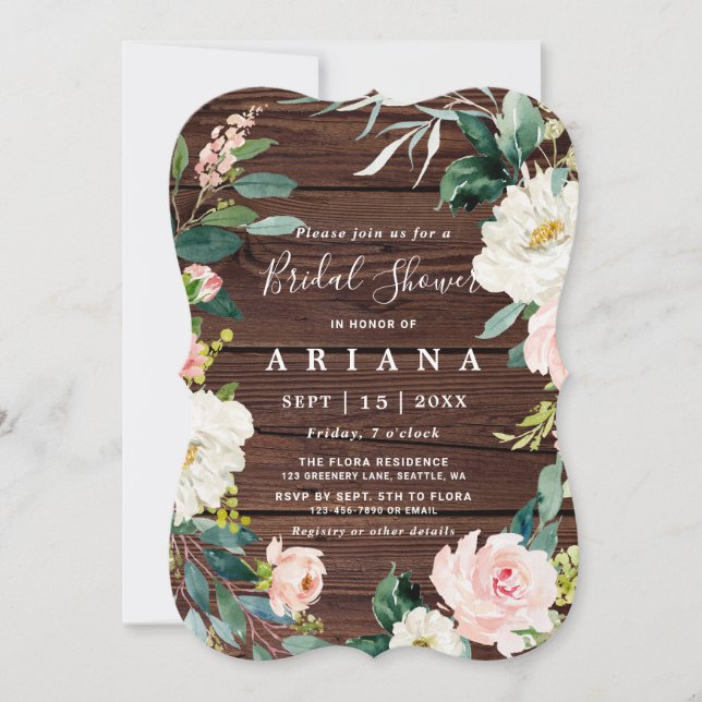 Rustic Wood Floral Wreath Wedding Bridal Shower Invitation (Front)