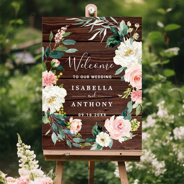 Rustic Wood Floral Wreath Wedding Welcome Sign (Creator Uploaded)