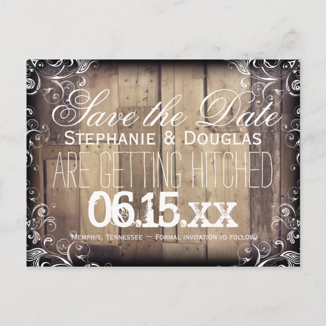 Rustic Wood Flourish Save the Date Postcards (Front)
