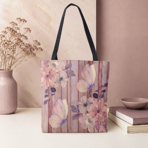 Rustic Wood Flowers and Butterflies Tote Bag