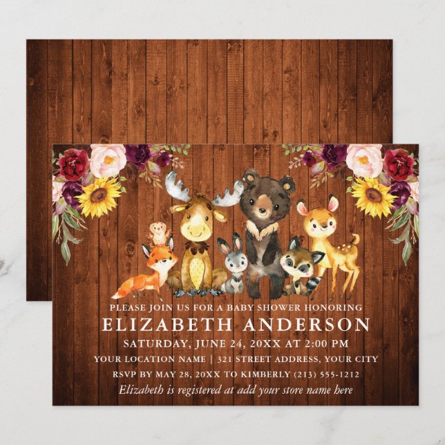 Rustic Wood Flowers Woodland Animals Shower Invitation (Front/Back)