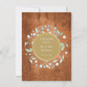 Rustic Wood Foliage Garland Gold Wedding Thank You Card