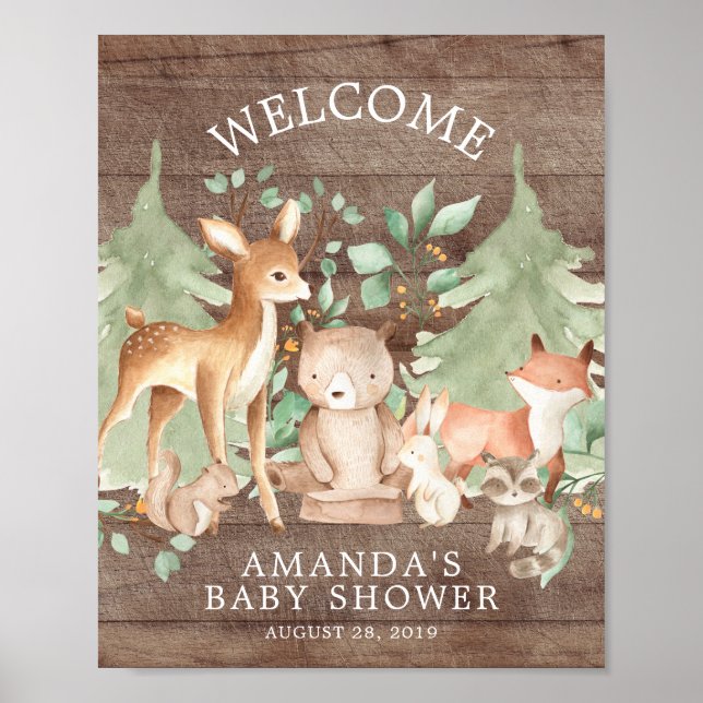 Rustic Wood Forest Animals Welcome Baby Shower Poster (Front)