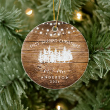 Rustic Wood Forest Lights First Married Christmas