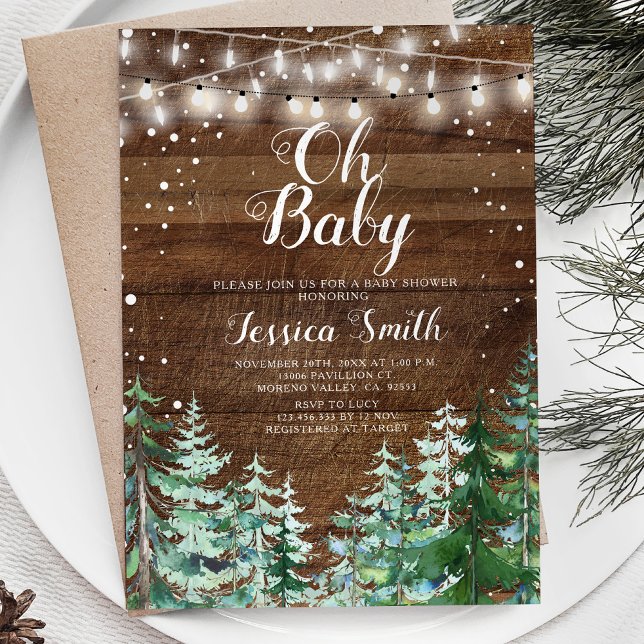 Rustic Wood Forest Pine Trees Oh Baby Baby Shower Invitation (Creator Uploaded)