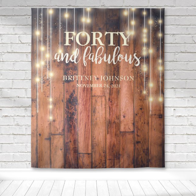 Rustic Wood Forty Fabulous Birthday Tapestry (Forty and fabulous rustic wood with string lights backdrop for a rustic birthday celebration.)