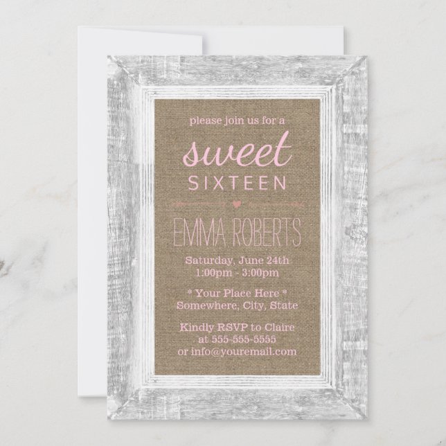 Rustic Wood Frame Burlap Sweet 16 Pink Birthday Invitation (Front)