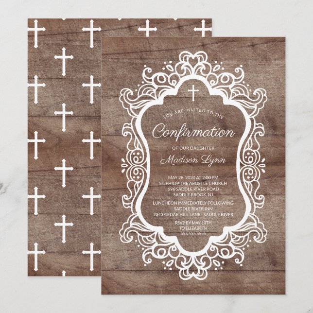Rustic Wood Frame Cross Confirmation Invitation (Front/Back)