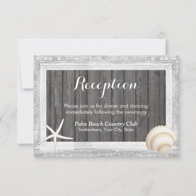 Rustic Wood Frame Seashell Beach Wedding Reception Invitation (Front)