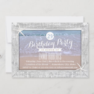 Rustic Wood Framed Starfish Beach Birthday Party Invitation