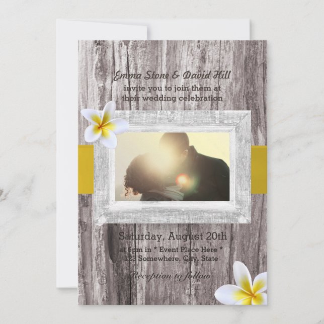 Rustic Wood & Frangipani Custom Photo Wedding Invitation (Front)