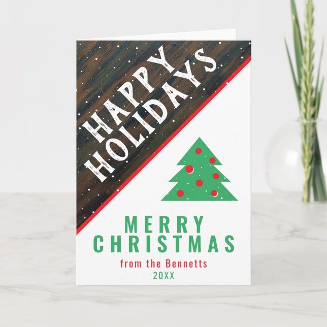 Rustic Wood Fun Green Red Family Christmas Holiday Card (Front)