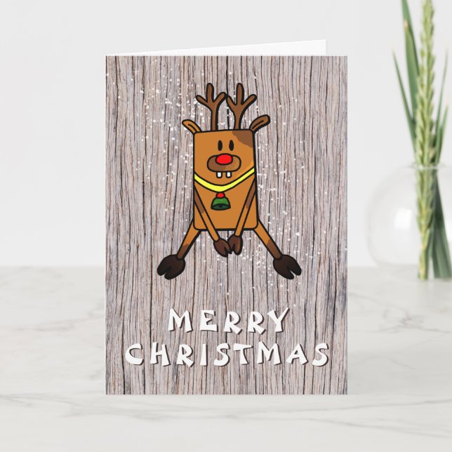 Rustic Wood Funny Deer Merry Christmas Holiday Card (Front)
