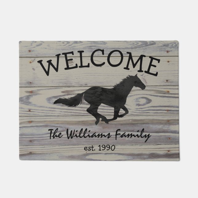 Rustic Wood Galloping Horse Watercolor Silhouette Doormat (Front)