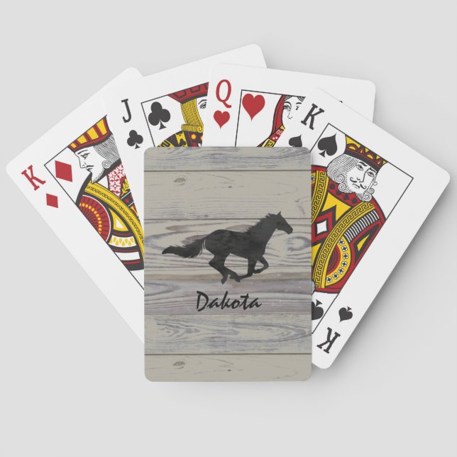 Rustic Wood Galloping Horse Watercolor Silhouette Playing Cards (Back)