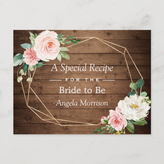Rustic Wood Geometric Blush Floral Bridal Recipe Postcard (Front)