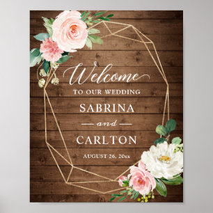Rustic Wood Geometric Blush Floral Wedding Sign