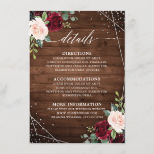 Rustic Wood Geometric Burgundy Floral Details Enclosure Card