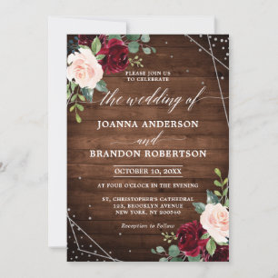 Rustic Wood Geometric Burgundy Floral Wedding Invitation