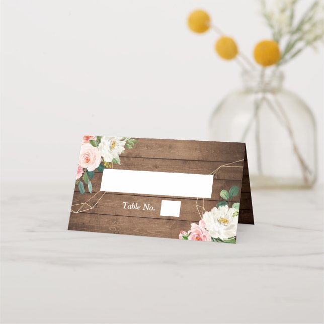 Rustic Wood Geometric Frame Blush Floral Wedding Place Card (Front)
