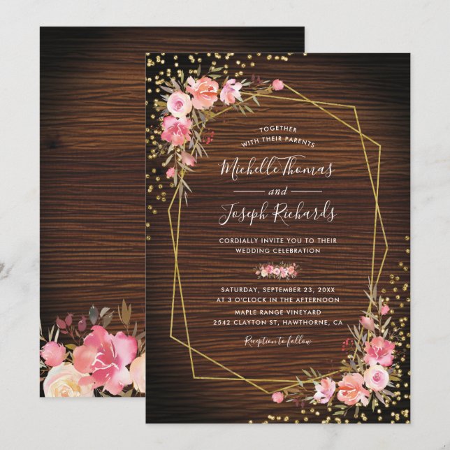 Rustic Wood Geometric Gold Pink Floral Wedding Invitation (Front/Back)