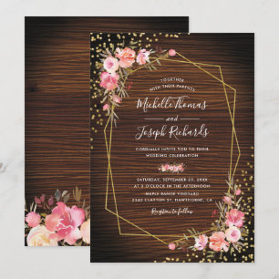 Rustic Wood Geometric Gold Pink Floral Wedding Invitation