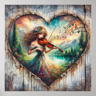 Rustic Wood Girl Playing Violin Music Poster