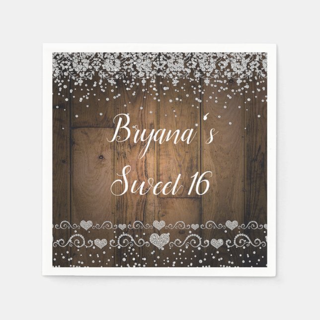 Rustic Wood Glam Diamonds Glitter Birthday Party Napkin (Front)