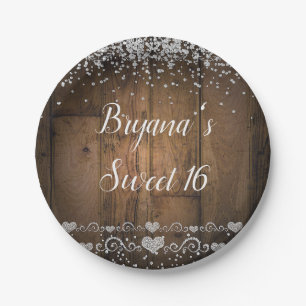 Rustic Wood Glam Diamonds Glitter Birthday Party Paper Plate