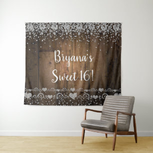 Rustic Wood Glam Diamonds Glitter Party Backdrop Tapestry