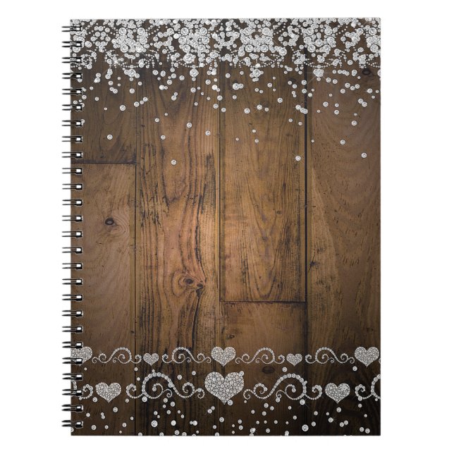Rustic Wood Glam Diamonds Glitter Wedding Planner Notebook (Front)