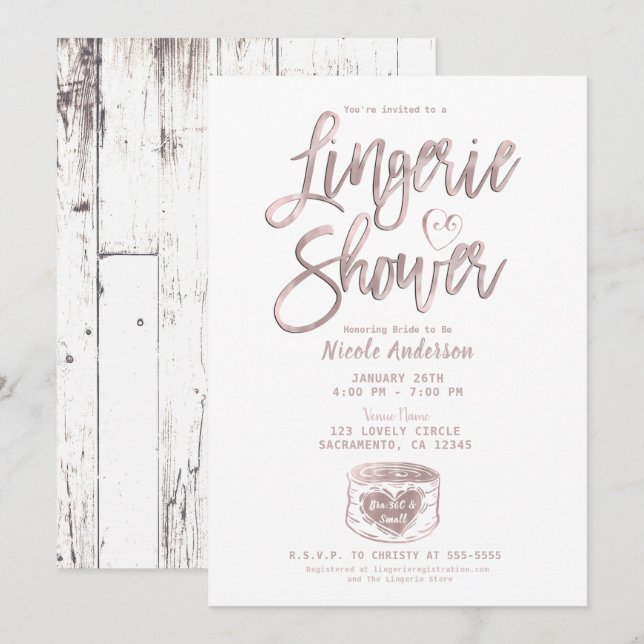Rustic Wood Glam Rose Gold Pink Lingerie Shower   Invitation (Front/Back)