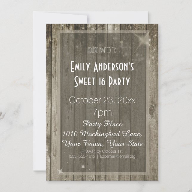 Rustic Wood Glamour Sweet 16 Birthday Invitation (Front)