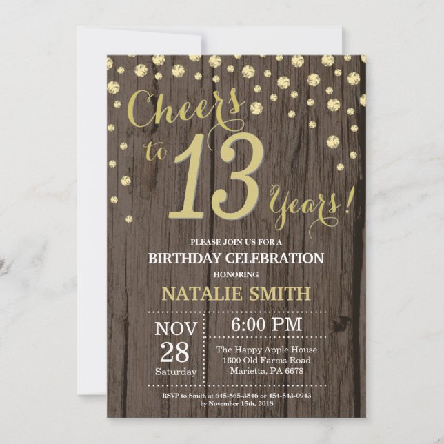 Rustic Wood Gold 13th Birthday Diamond Invitation (Front)