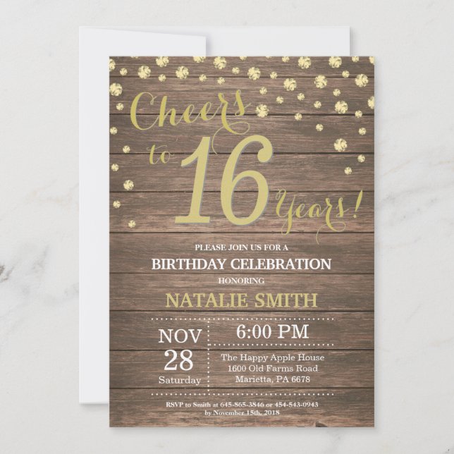 Rustic Wood Gold 16th Birthday Diamond Invitation (Front)