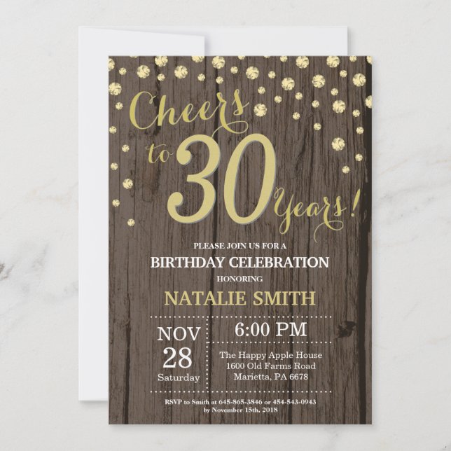 Rustic Wood Gold 30th Birthday Diamond Invitation (Front)