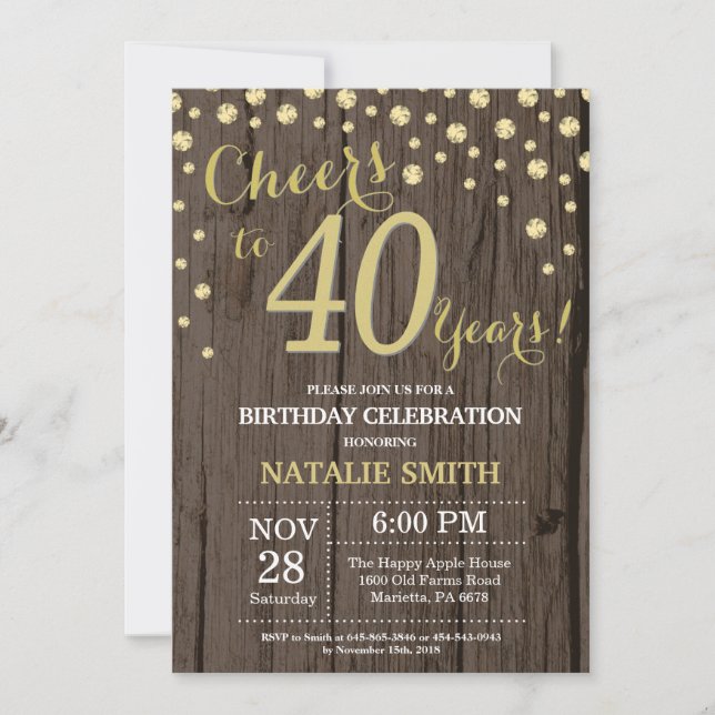 Rustic Wood Gold 40th Birthday Diamond Invitation (Front)
