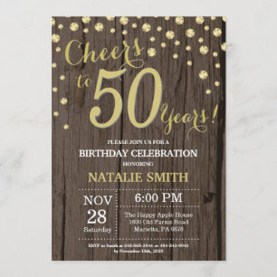 Rustic Wood Gold 50th Birthday Diamond Invitation