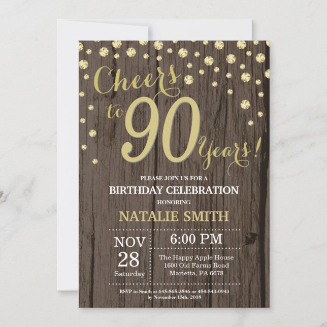 Rustic Wood Gold 90th Birthday Diamond Invitation (Front)