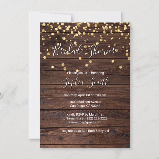 Rustic Wood Gold Confetti Bridal Shower Invitation (Front)
