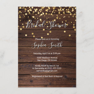 Rustic Wood Gold Confetti Bridal Shower Invitation
