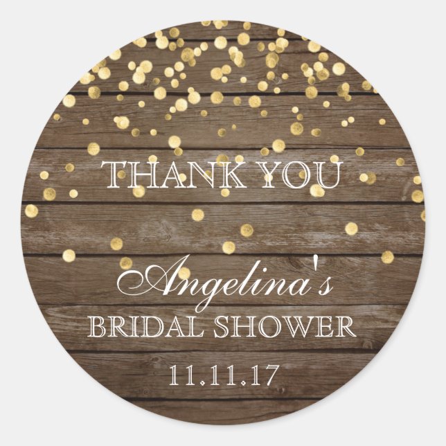 Rustic Wood Gold Confetti Bridal Shower Thank You Classic Round Sticker (Front)