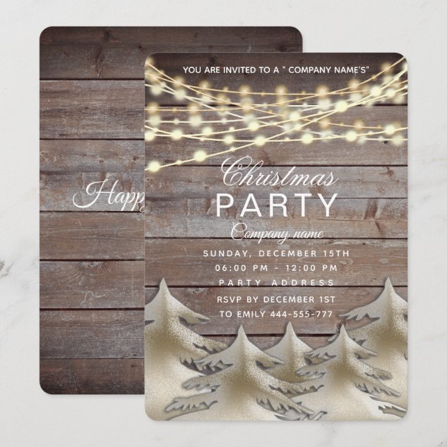 Rustic wood gold  corporate Christmas party Invita Invitation (Front/Back)