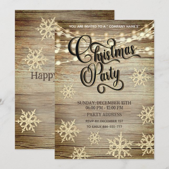 Rustic wood gold  corporate Christmas party Invitation (Front/Back)