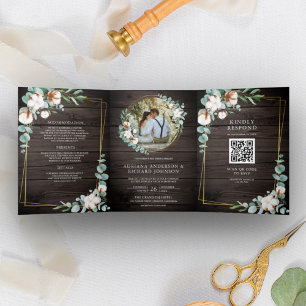 Rustic Wood Gold Cotton Eucalyptus QR Code Wedding Tri-Fold Invitation