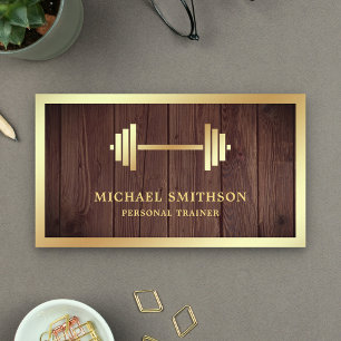 Rustic Wood Gold Dumbbell Fitness Personal Trainer Business Card