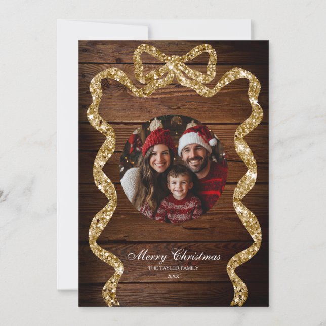 Rustic Wood Gold Family Photo Merry Christmas Invitation (Front)