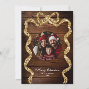 Rustic Wood Gold Family Photo Merry Christmas Invitation