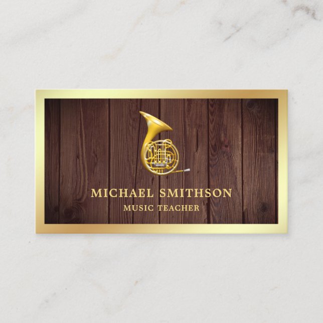 Rustic Wood Gold Foil French Horn Music Teacher Business Card (Front)